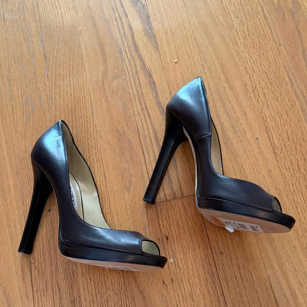 Jimmy Choo Dark Brown Leather Peep-Toe Heels - Picture 3 of 4